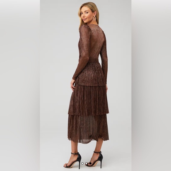 Sabina Musayev Metallic Brown Tiered Midi Dress — Long Sleeve V-Neck, Elegant - Picture 3 of 6